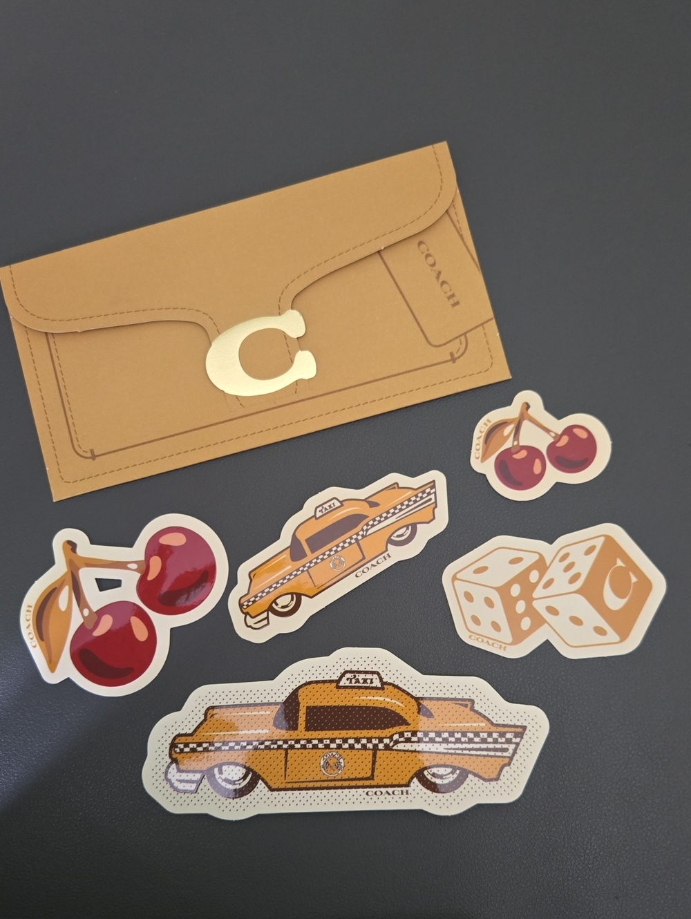 Coach Tan Envelope Cardholder with Gold 'C' Accent and Sticker Set